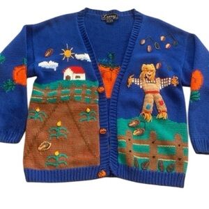 Vintage Cottagecore Novelty Thanksgiving Pumpkin Hand Knit Cardigan Sweater M-L
